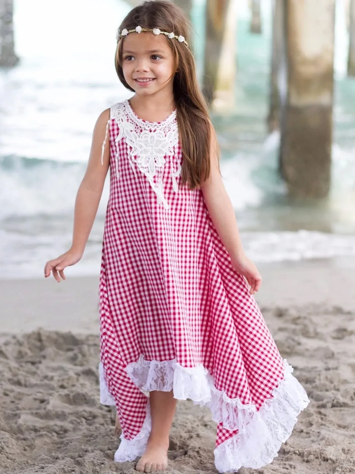 Red And White Gingham Boho Sidetail Dress