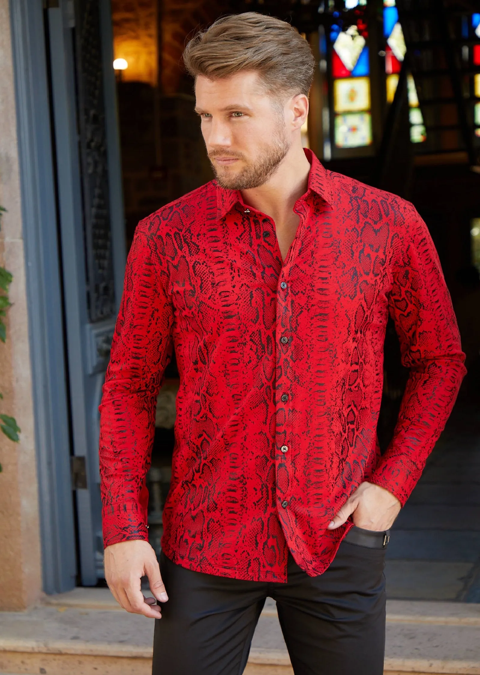 Red Black Snake Foil Knit Shirt