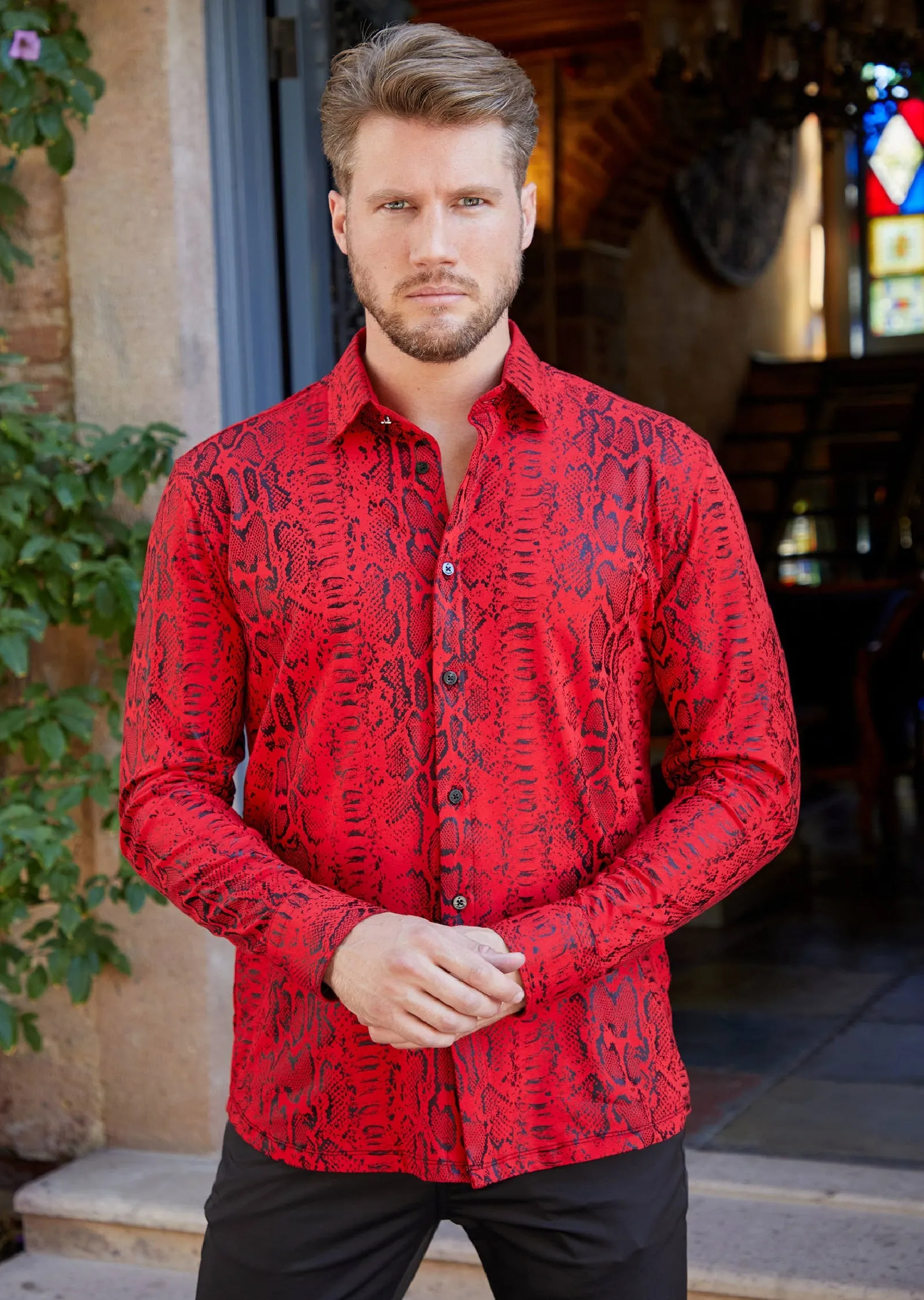 Red Black Snake Foil Knit Shirt