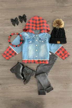 Red Buffalo Plaid Hooded Denim Jacket