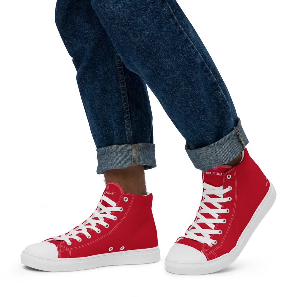 Red Color Men's High Tops, Solid Red Color Men’s High Top Sneakers Canvas Tennis Shoes With White Laces and Faux Leather Toe Caps (US Size: 5-13)