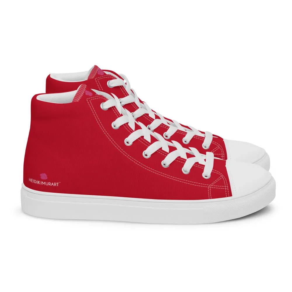 Red Color Men's High Tops, Solid Red Color Men’s High Top Sneakers Canvas Tennis Shoes With White Laces and Faux Leather Toe Caps (US Size: 5-13)