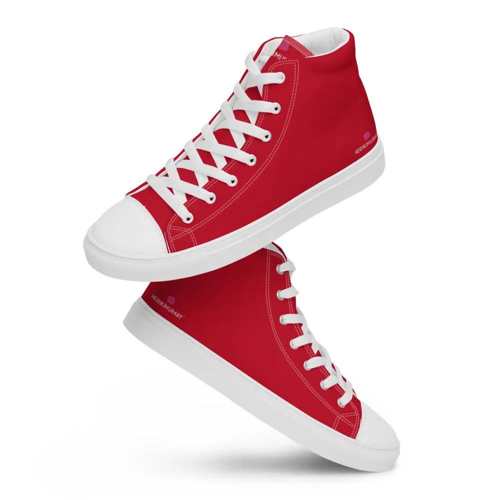 Red Color Men's High Tops, Solid Red Color Men’s High Top Sneakers Canvas Tennis Shoes With White Laces and Faux Leather Toe Caps (US Size: 5-13)