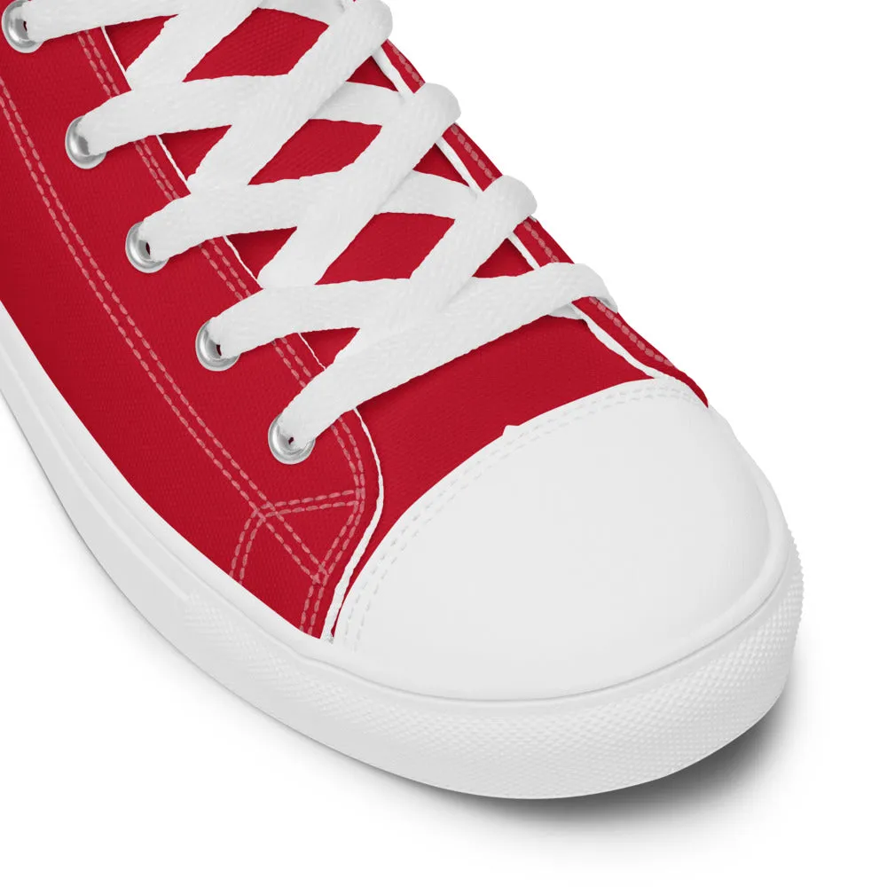 Red Color Men's High Tops, Solid Red Color Men’s High Top Sneakers Canvas Tennis Shoes With White Laces and Faux Leather Toe Caps (US Size: 5-13)