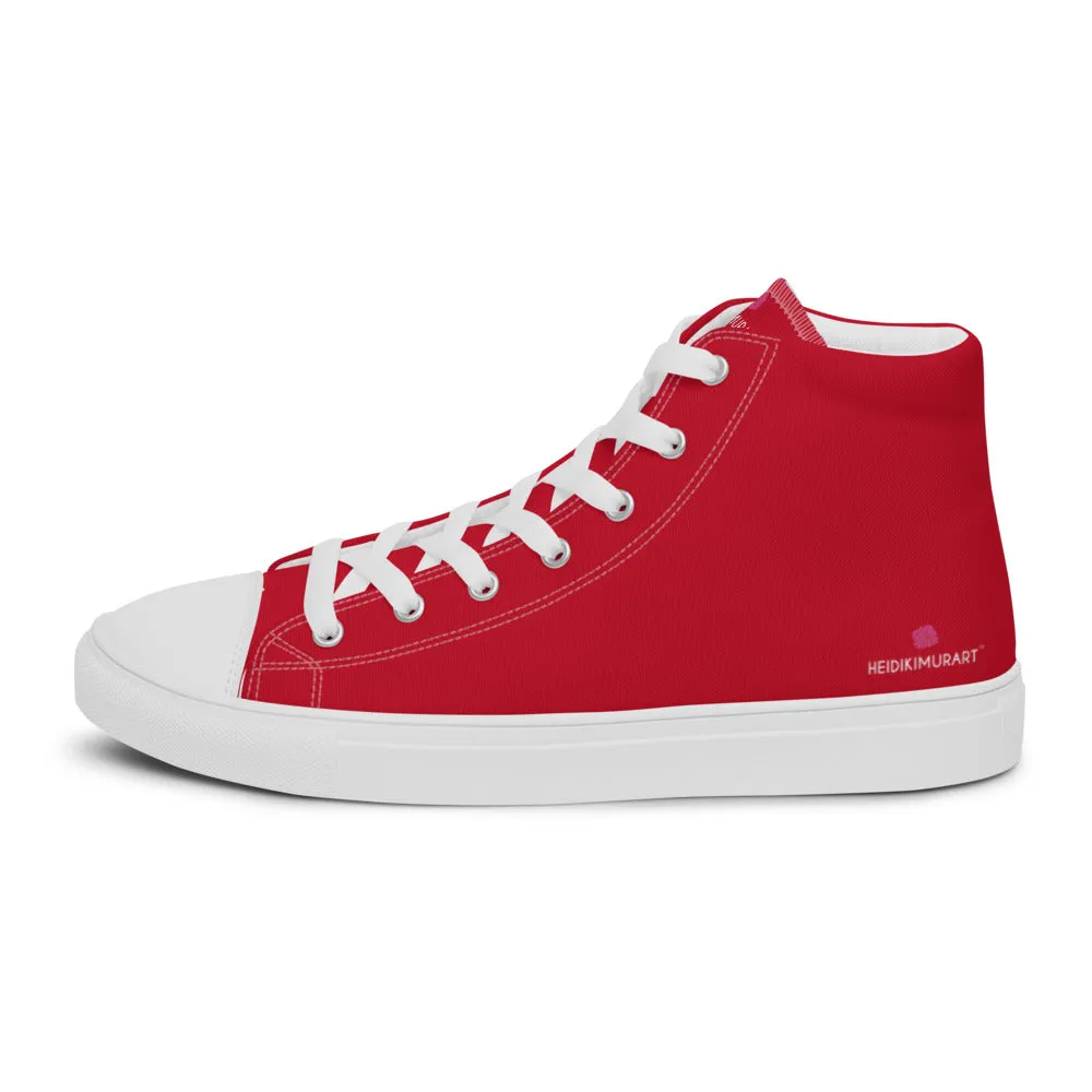 Red Color Men's High Tops, Solid Red Color Men’s High Top Sneakers Canvas Tennis Shoes With White Laces and Faux Leather Toe Caps (US Size: 5-13)