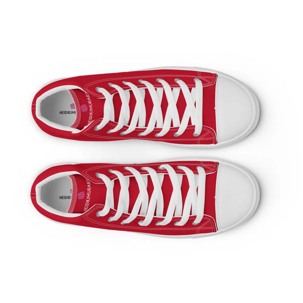 Red Color Men's High Tops, Solid Red Color Men’s High Top Sneakers Canvas Tennis Shoes With White Laces and Faux Leather Toe Caps (US Size: 5-13)