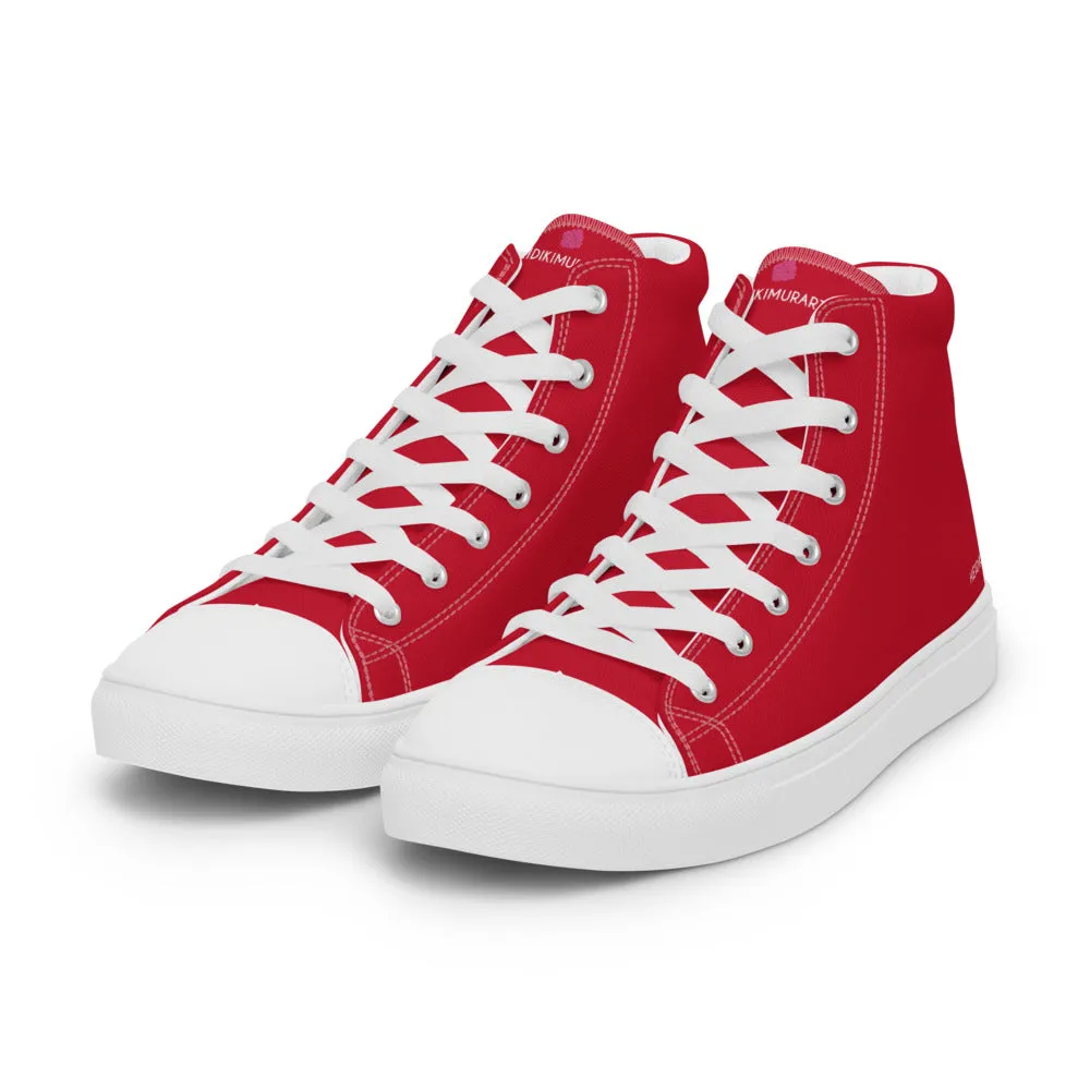 Red Color Men's High Tops, Solid Red Color Men’s High Top Sneakers Canvas Tennis Shoes With White Laces and Faux Leather Toe Caps (US Size: 5-13)