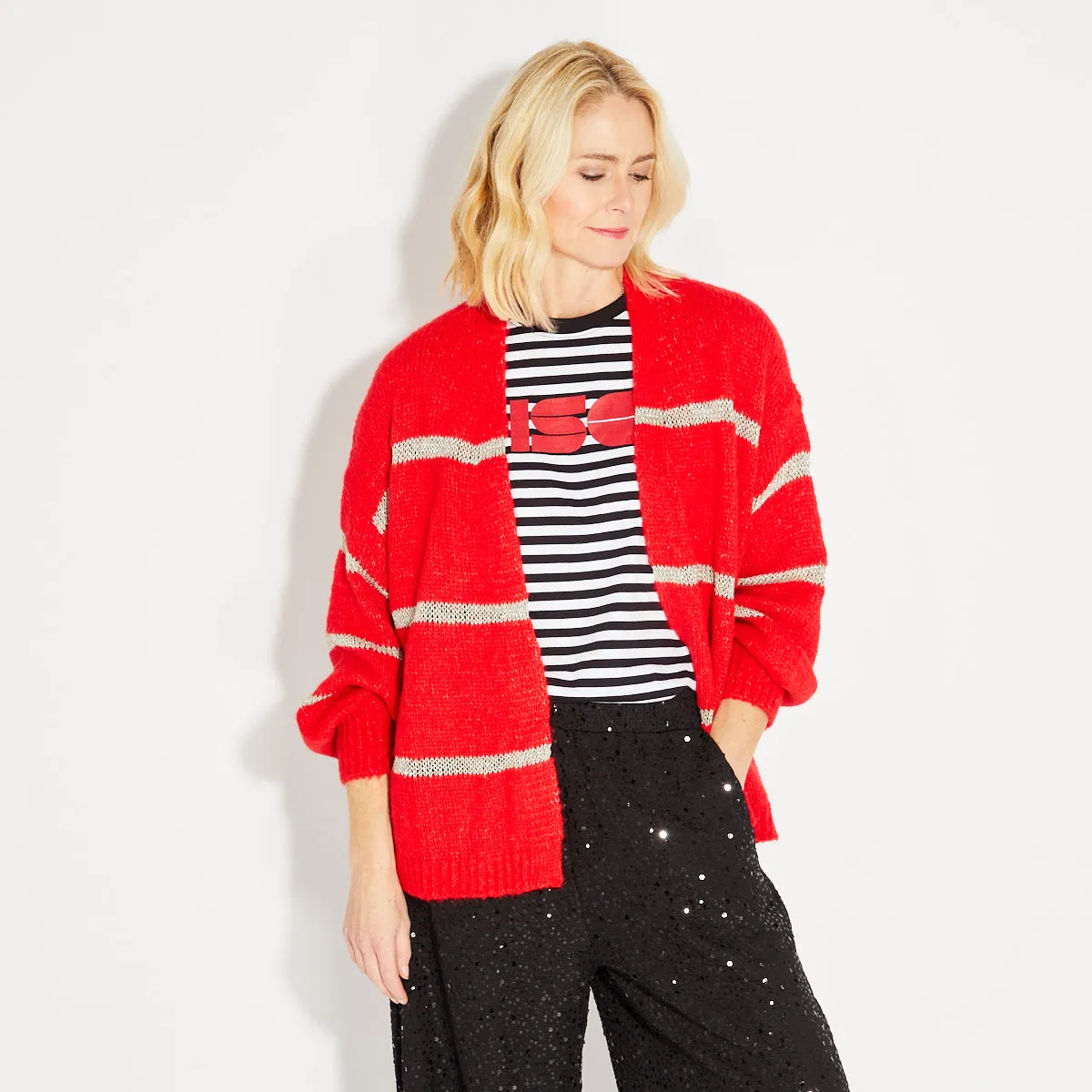 Red Disco Cardigan With Metallic Stripe - ONE SIZE