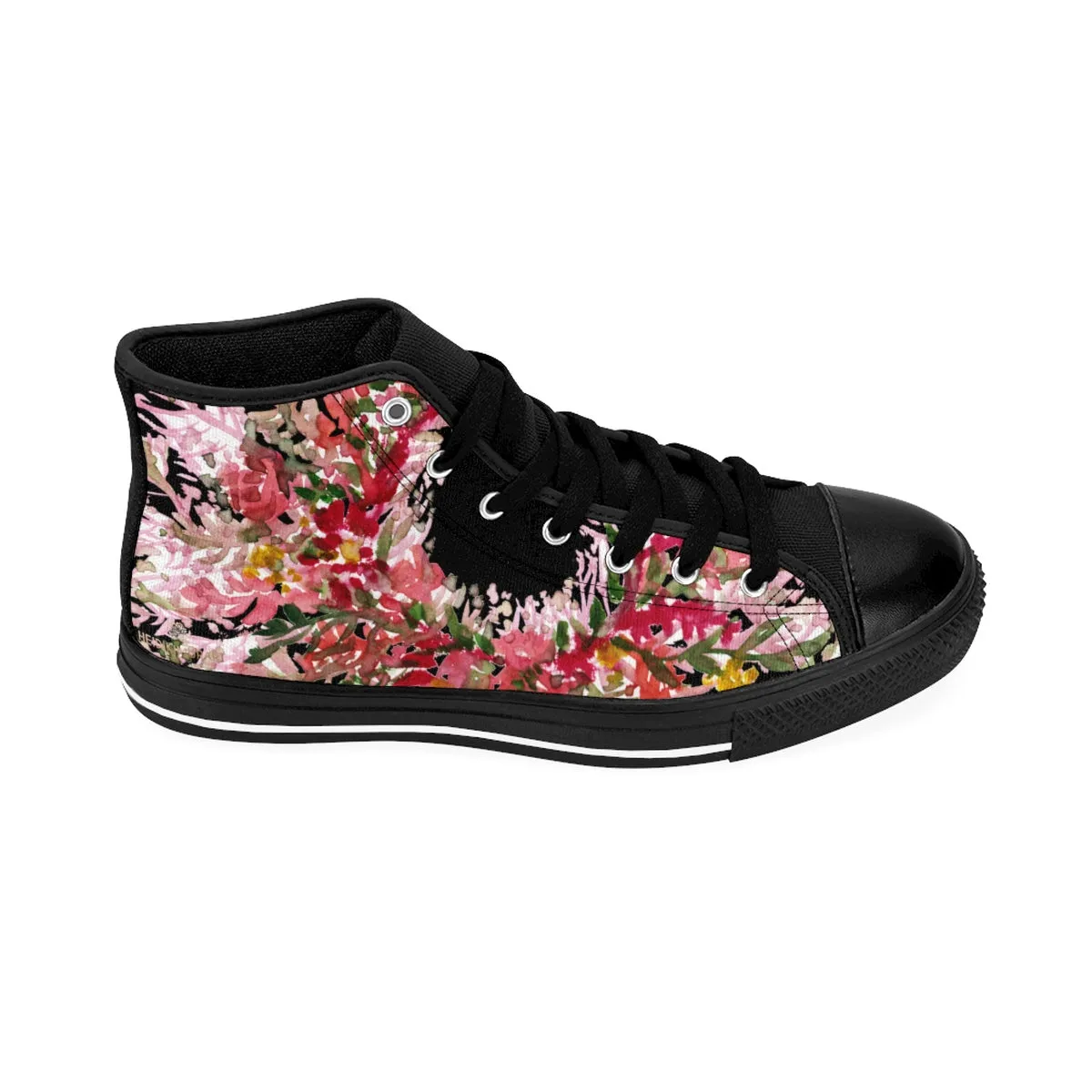 Red Floral Men's High Tops, Black Red Fall Themed Designer Men's High Top Tennis Shoes