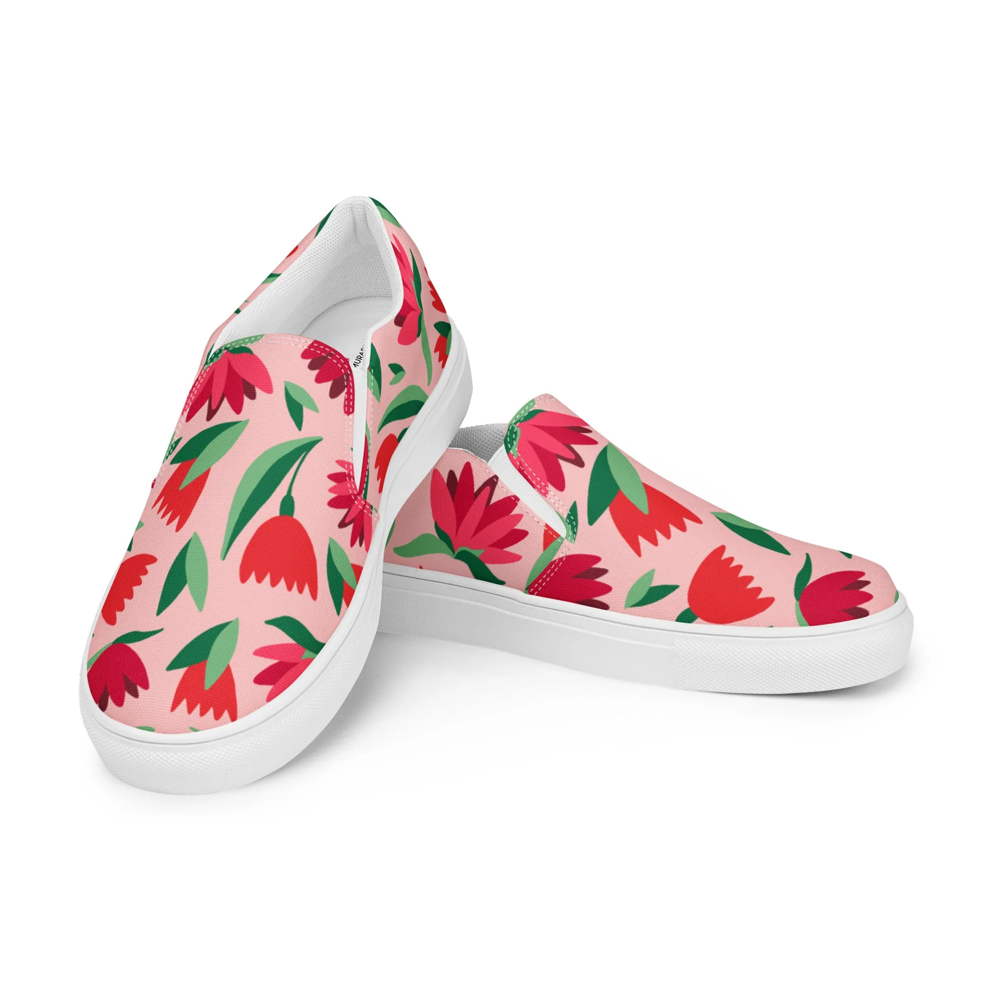 Red Floral Women's Sneakers, Pink Girlie Flower Print Women’s Slip-On Canvas Shoes (US Size: 5-12)