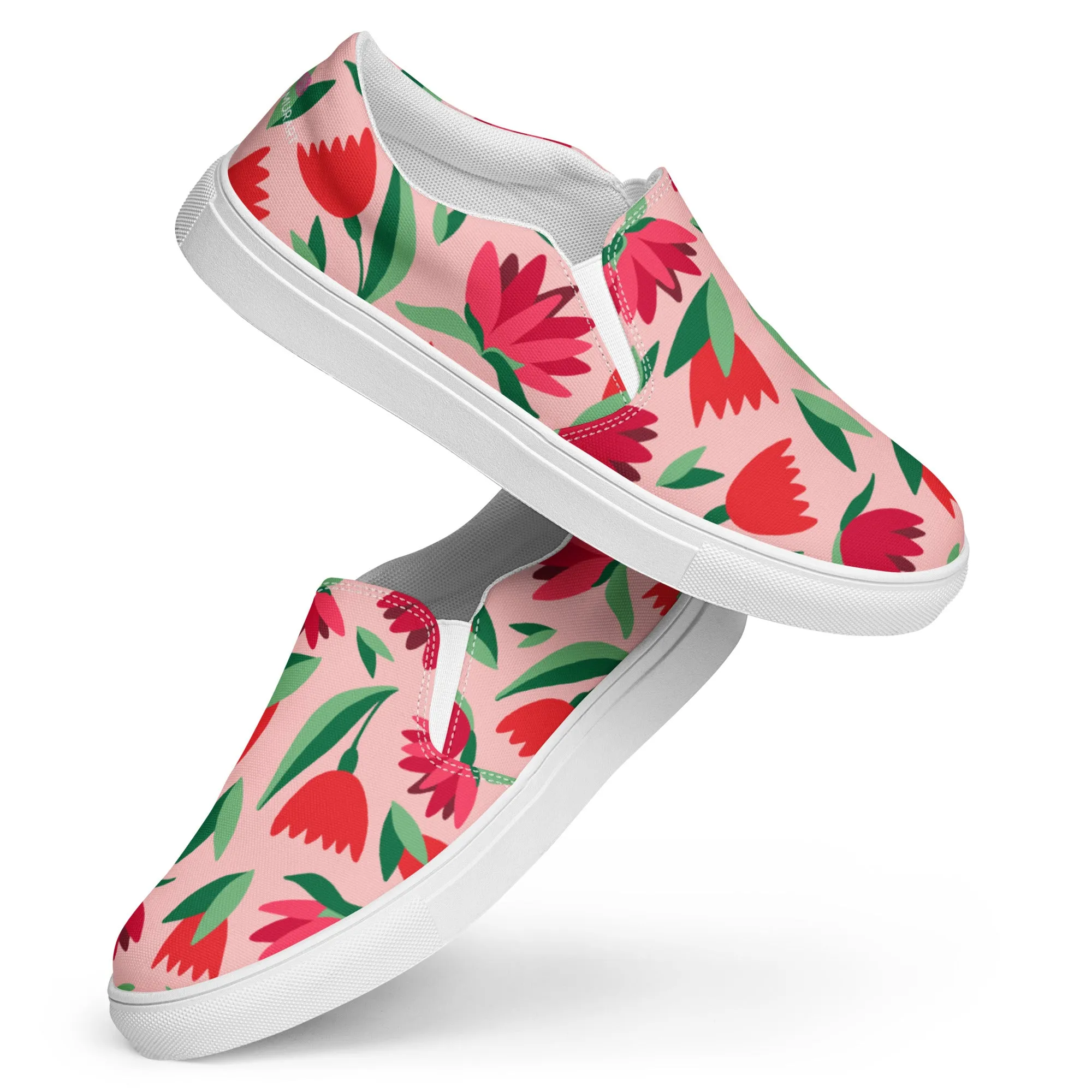 Red Floral Women's Sneakers, Pink Girlie Flower Print Women’s Slip-On Canvas Shoes (US Size: 5-12)