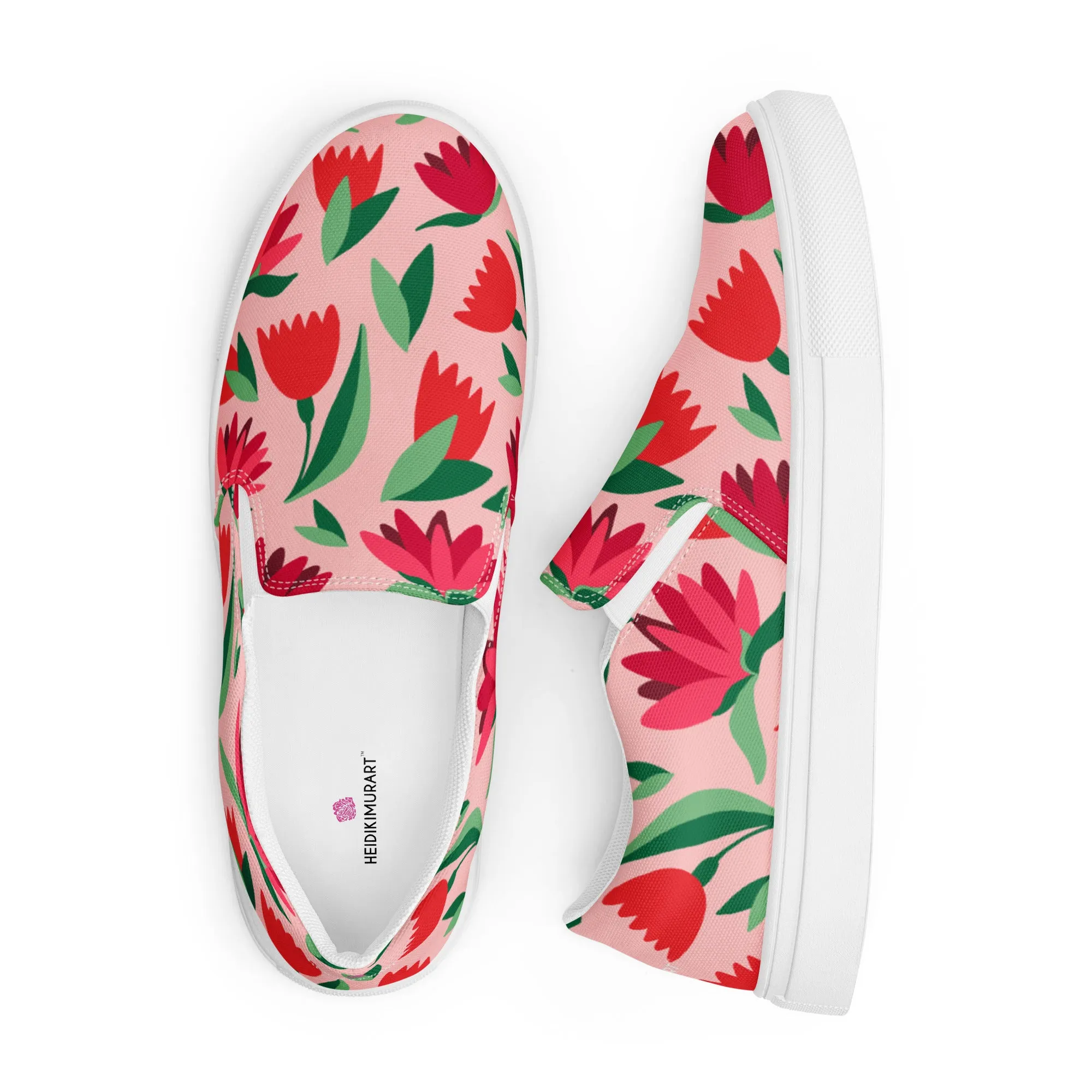 Red Floral Women's Sneakers, Pink Girlie Flower Print Women’s Slip-On Canvas Shoes (US Size: 5-12)