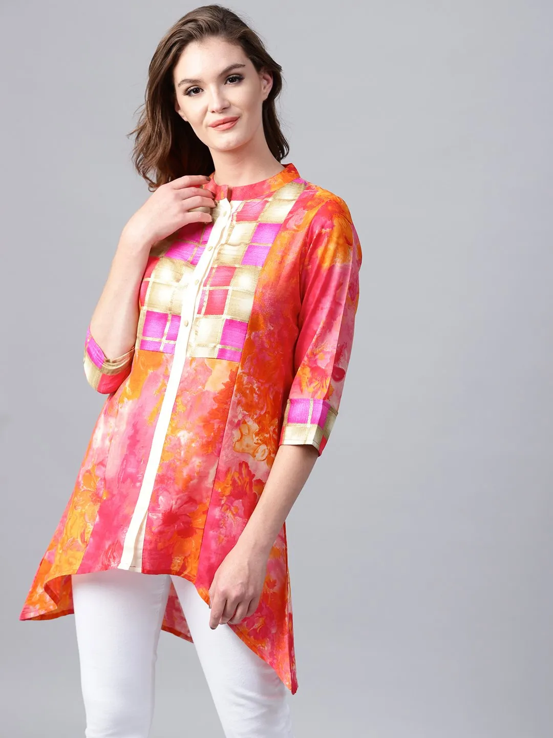 Red Foil Printed 3/4Th Sleeve Cotton Tunic