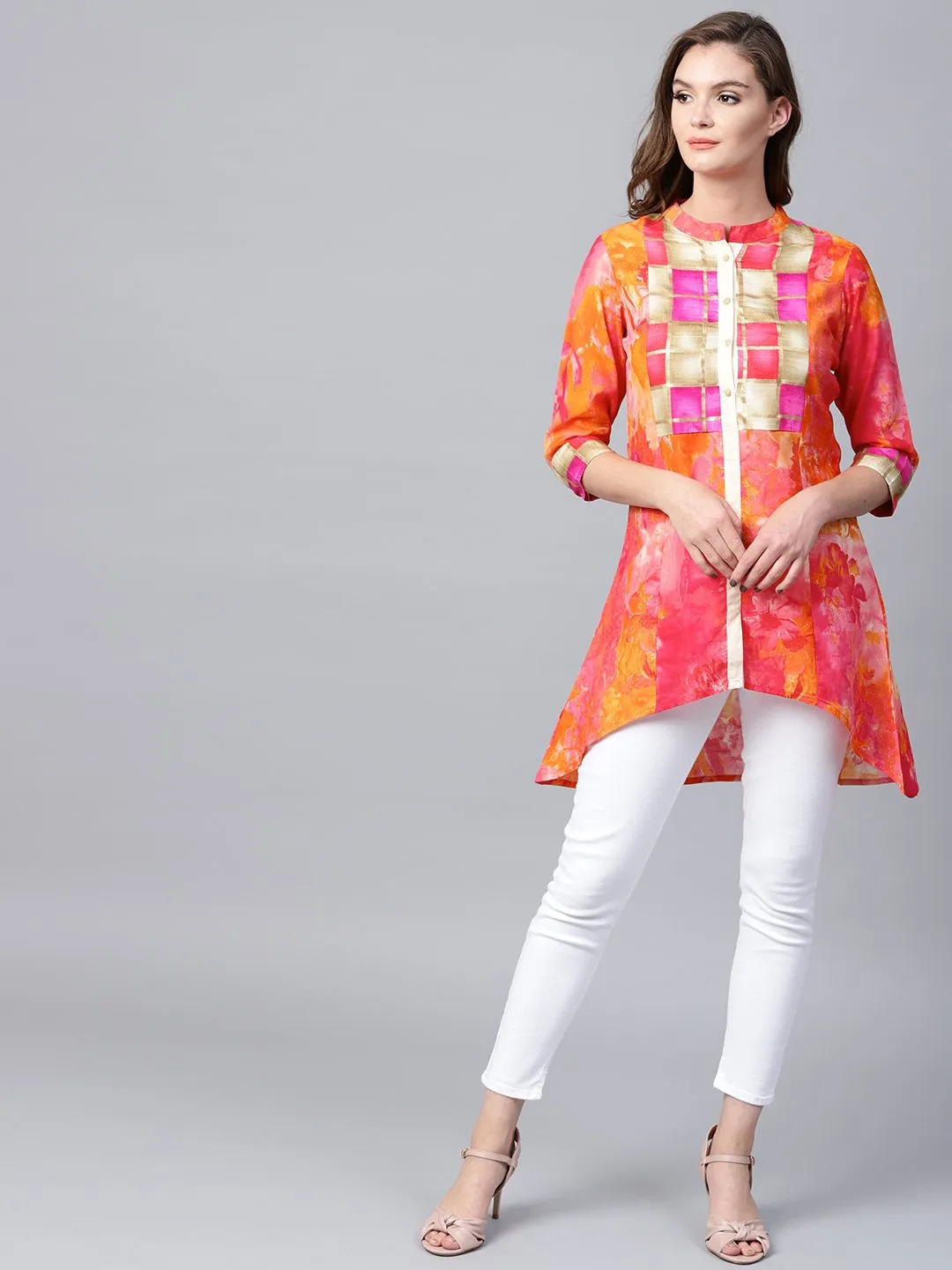 Red Foil Printed 3/4Th Sleeve Cotton Tunic