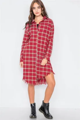 Red Green & White Plaid Stripe Raw High-Low Hem Flannel Dress /1-2-2