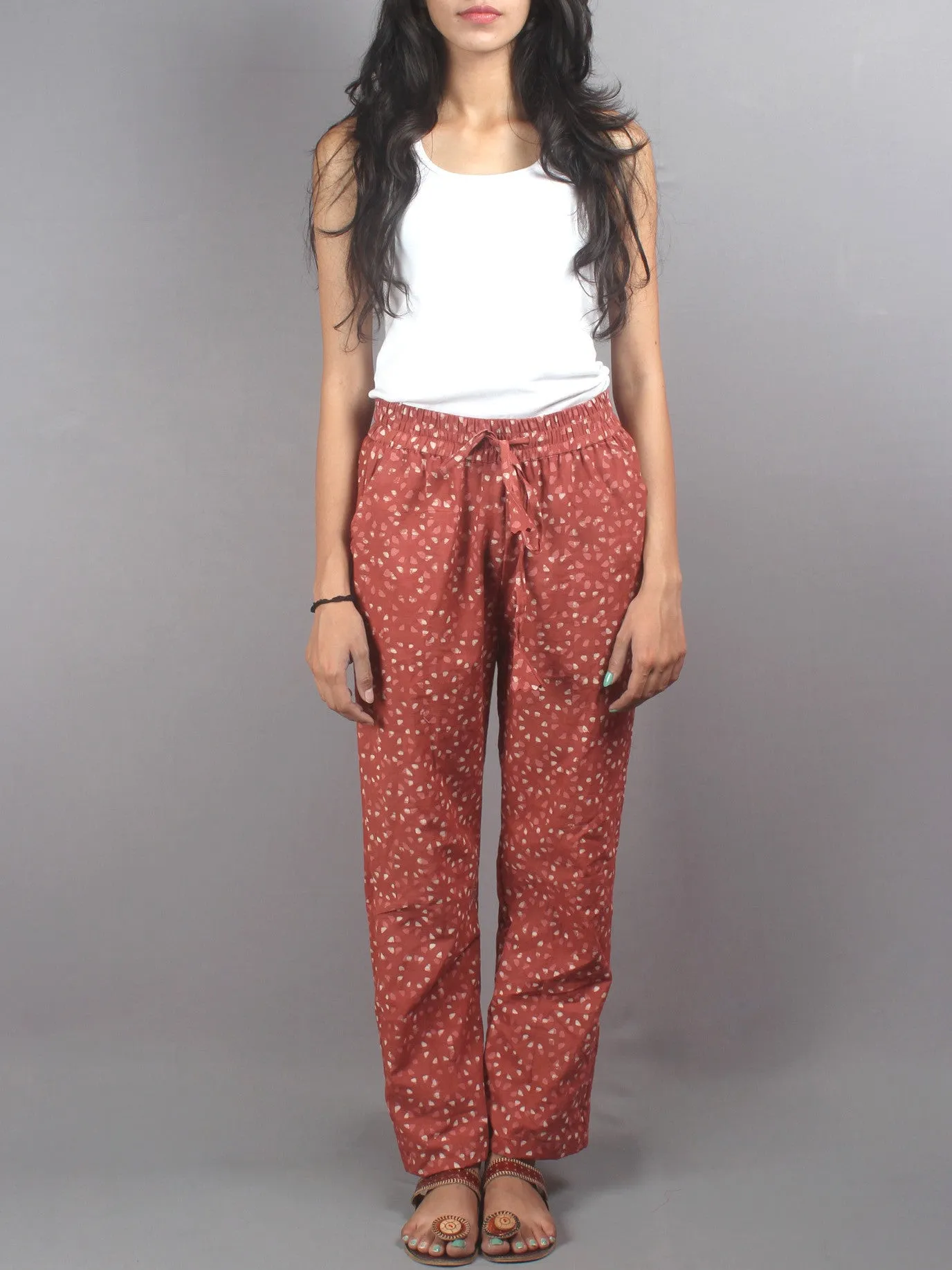 Red Hand Block Printed Elasticated Waist Trousers- T0317020