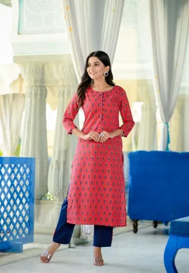 Red Hand Block Printed Kurta Set