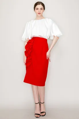 Red High Waist Asymmetric Frill Midi Skirt