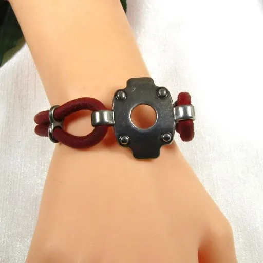 Red Leather Cord Bracelet Unique Cuff Style