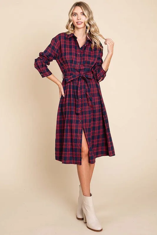 Red Long Sleeve Plaid Belted Flannel Shirt Dress