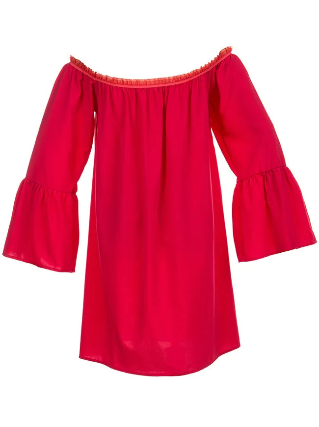 Red Off Shoulder Ruffled Long Sleeve Peasant Top for Women