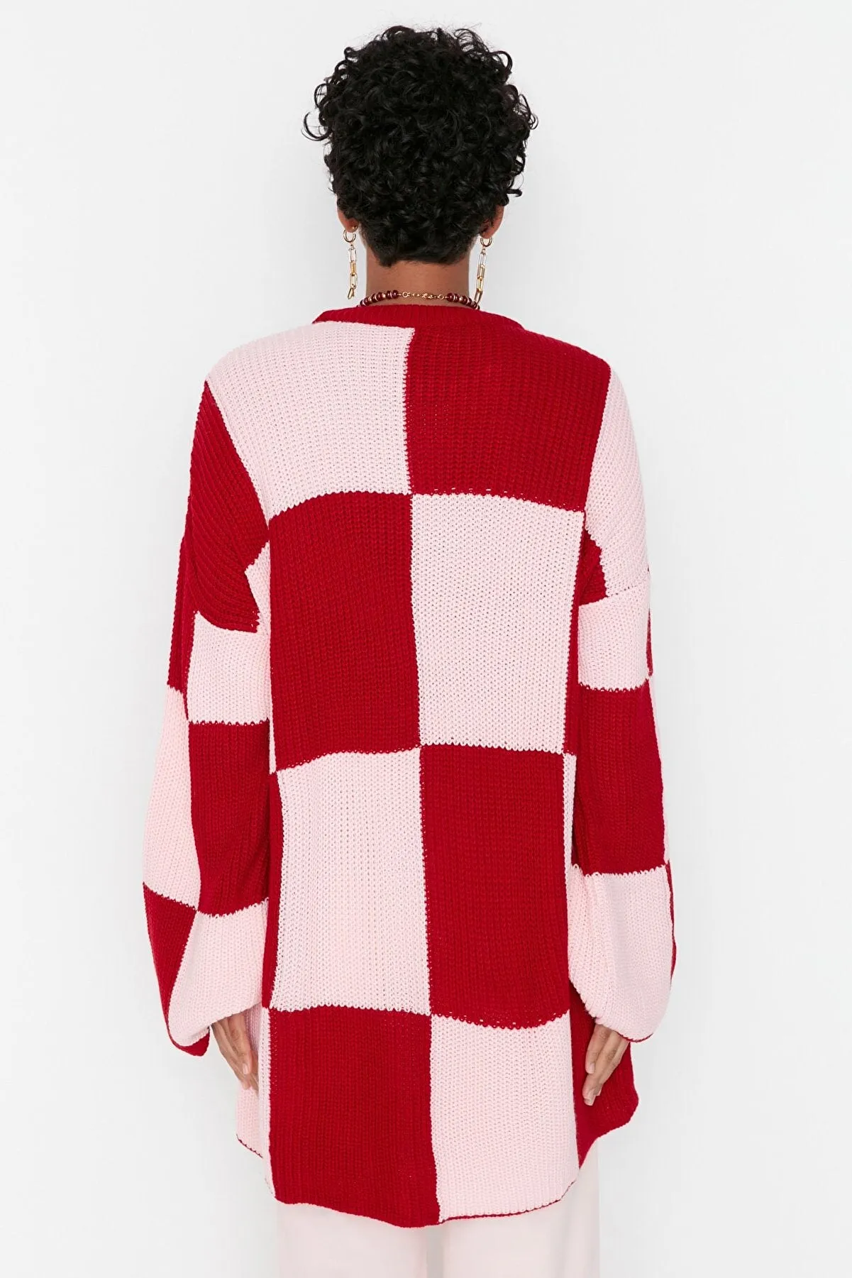 Red Pink Checkers Pattern Crew Neck Knitwear Sweater - Trendyol Modest