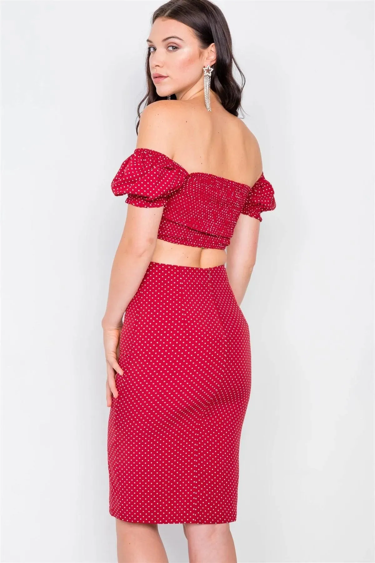 Red Polka Dot Printed Ruched Crop Top & Midi Skirt Set