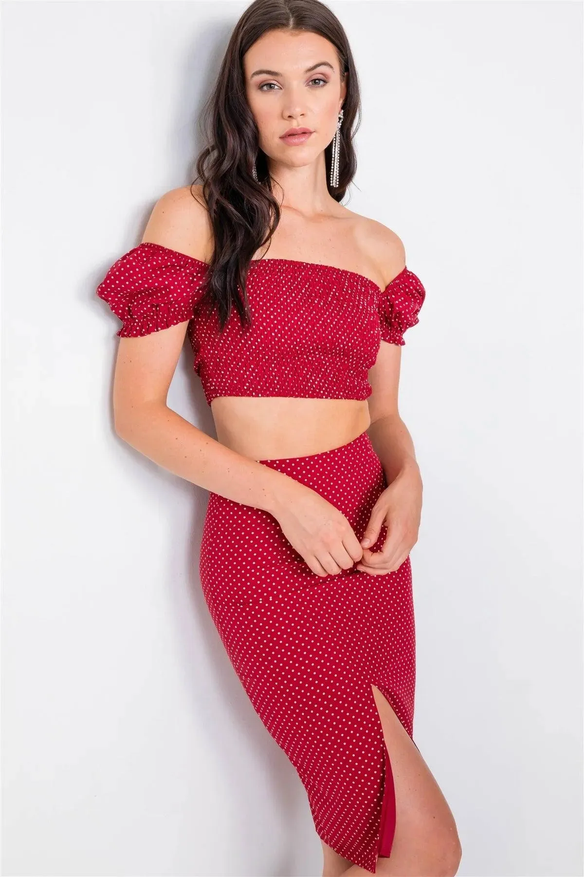 Red Polka Dot Printed Ruched Crop Top & Midi Skirt Set