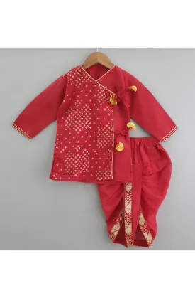 Red sequin work angrakha style kurta with dhoti