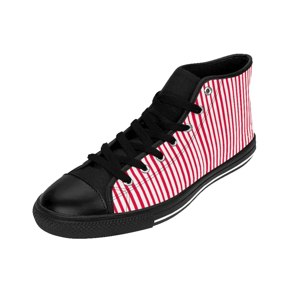 Red Striped High-top Sneakers, Vertically Red Stripes Men's Designer Tennis Running Shoes