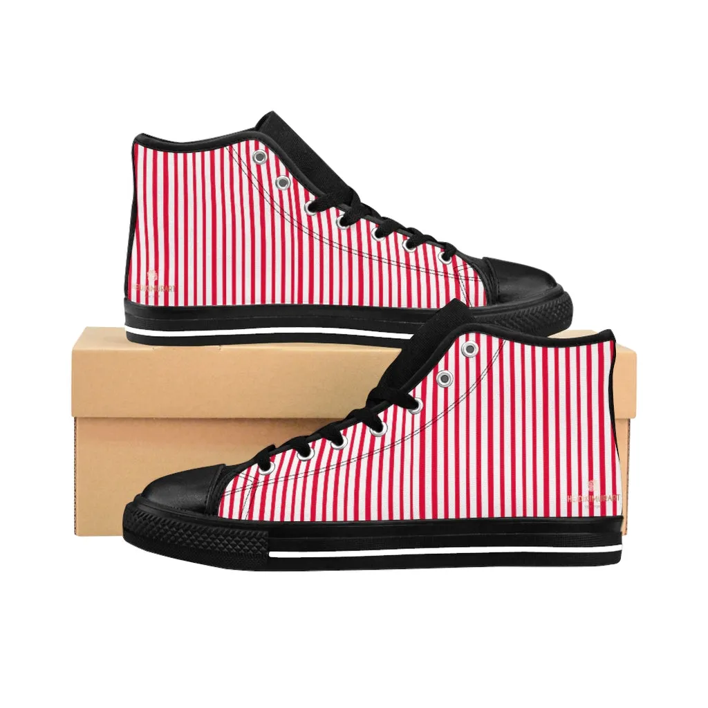 Red Striped High-top Sneakers, Vertically Red Stripes Men's Designer Tennis Running Shoes