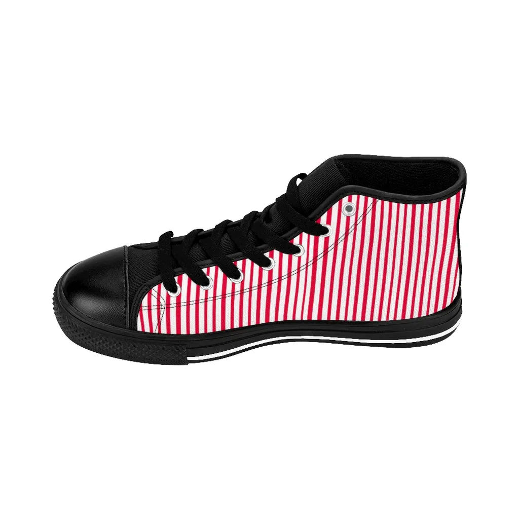 Red Striped High-top Sneakers, Vertically Red Stripes Men's Designer Tennis Running Shoes