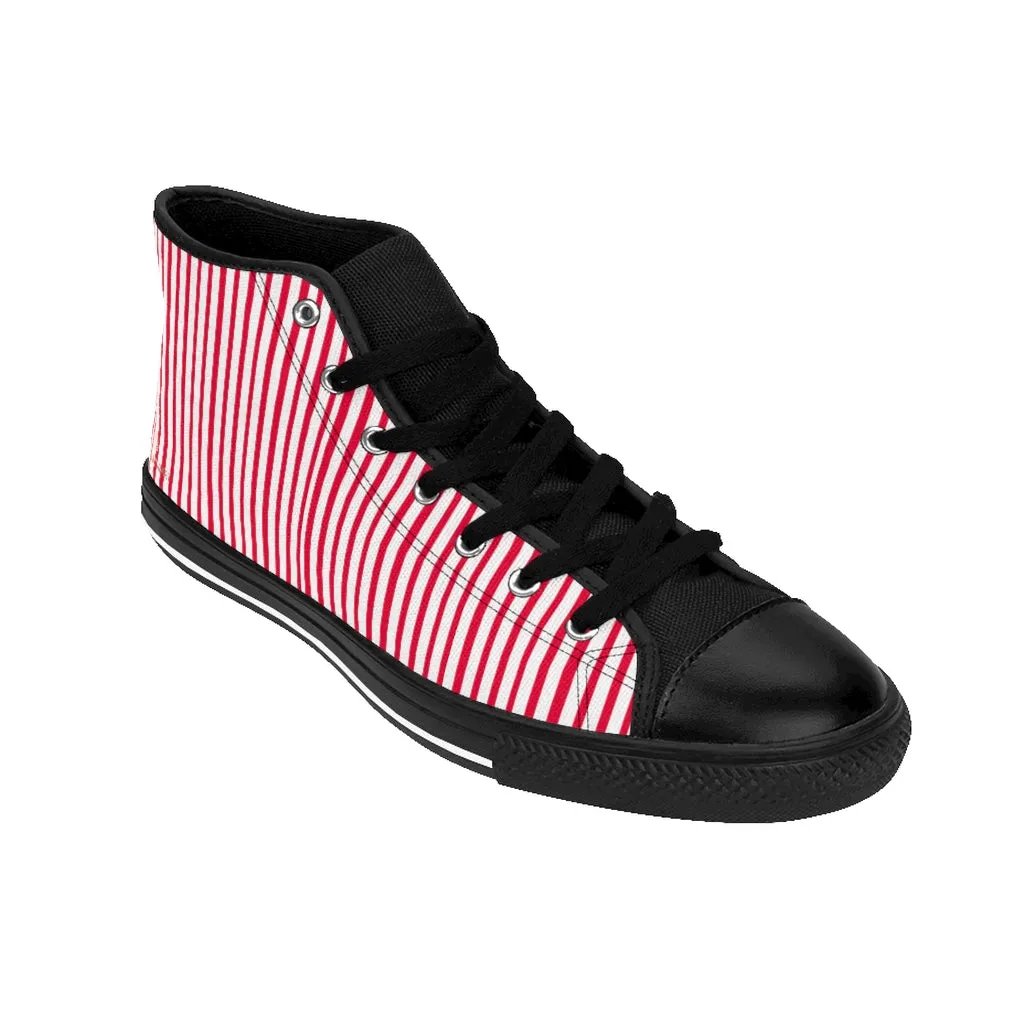 Red Striped High-top Sneakers, Vertically Red Stripes Men's Designer Tennis Running Shoes