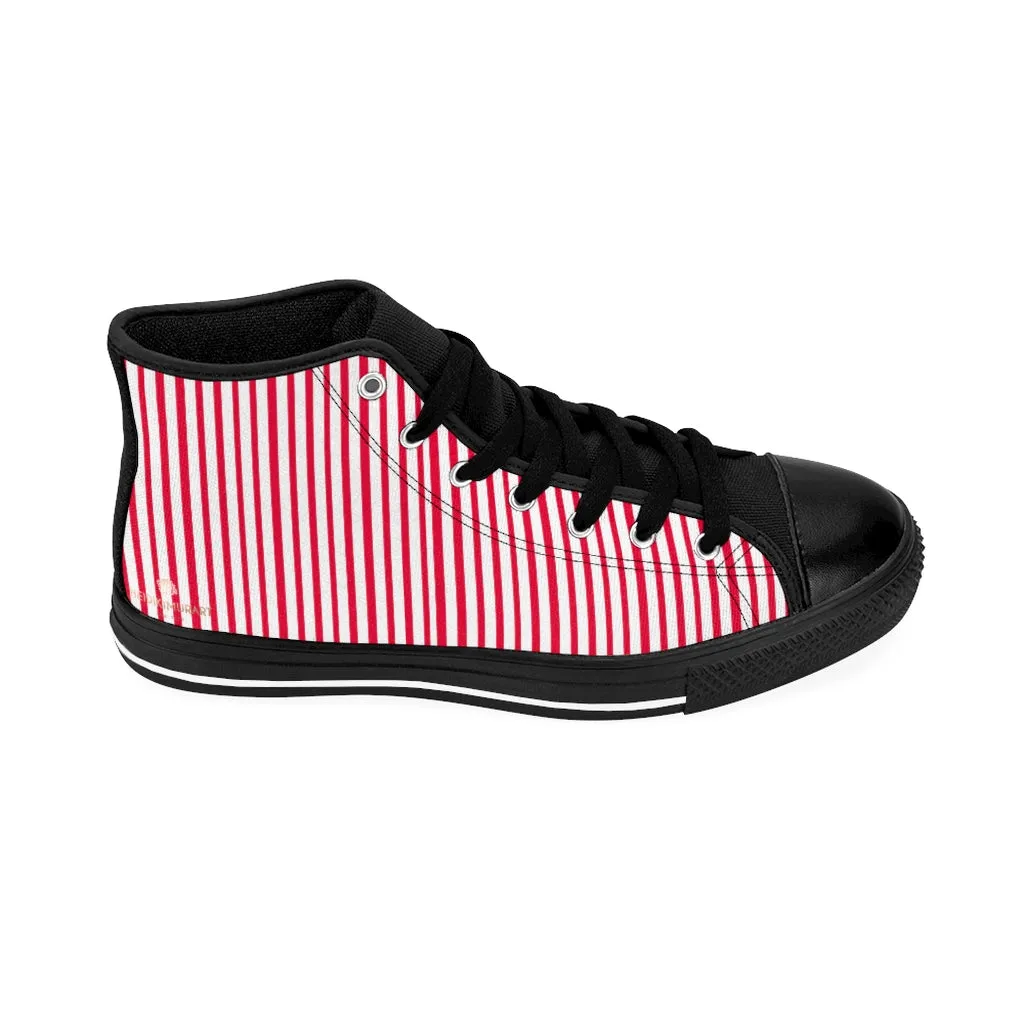 Red Striped High-top Sneakers, Vertically Red Stripes Men's Designer Tennis Running Shoes