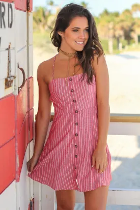 Red Striped Short Dress with Criss Cross Back