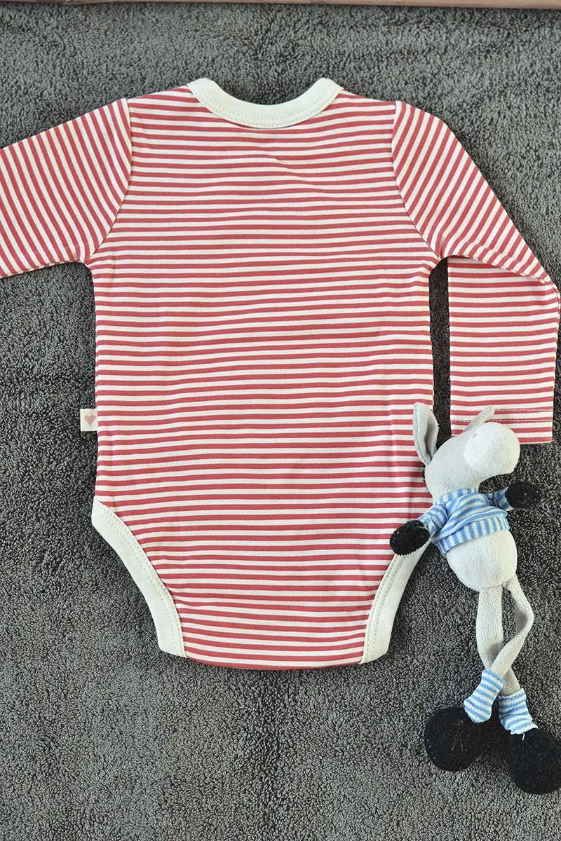 Red Striped Unisex Full Sleeve Kimono Onesie In Organic Cotton