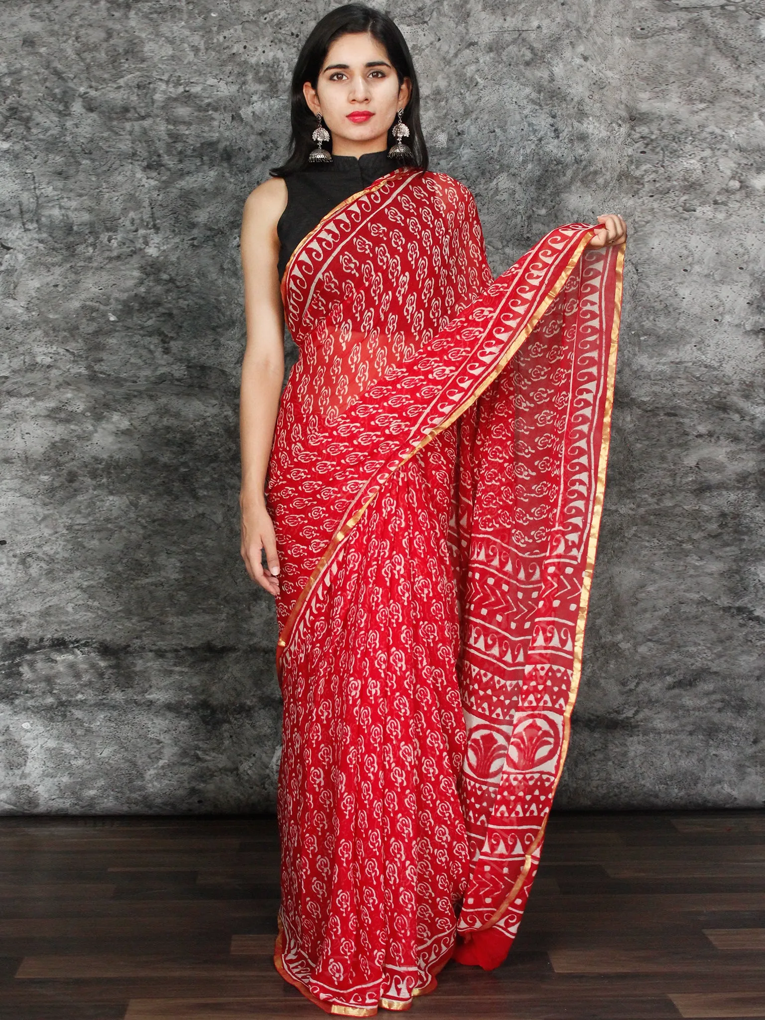 Red White Hand Block Printed Chiffon Saree with Zari Border - S031703120