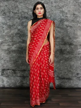 Red White Hand Block Printed Chiffon Saree with Zari Border - S031703125