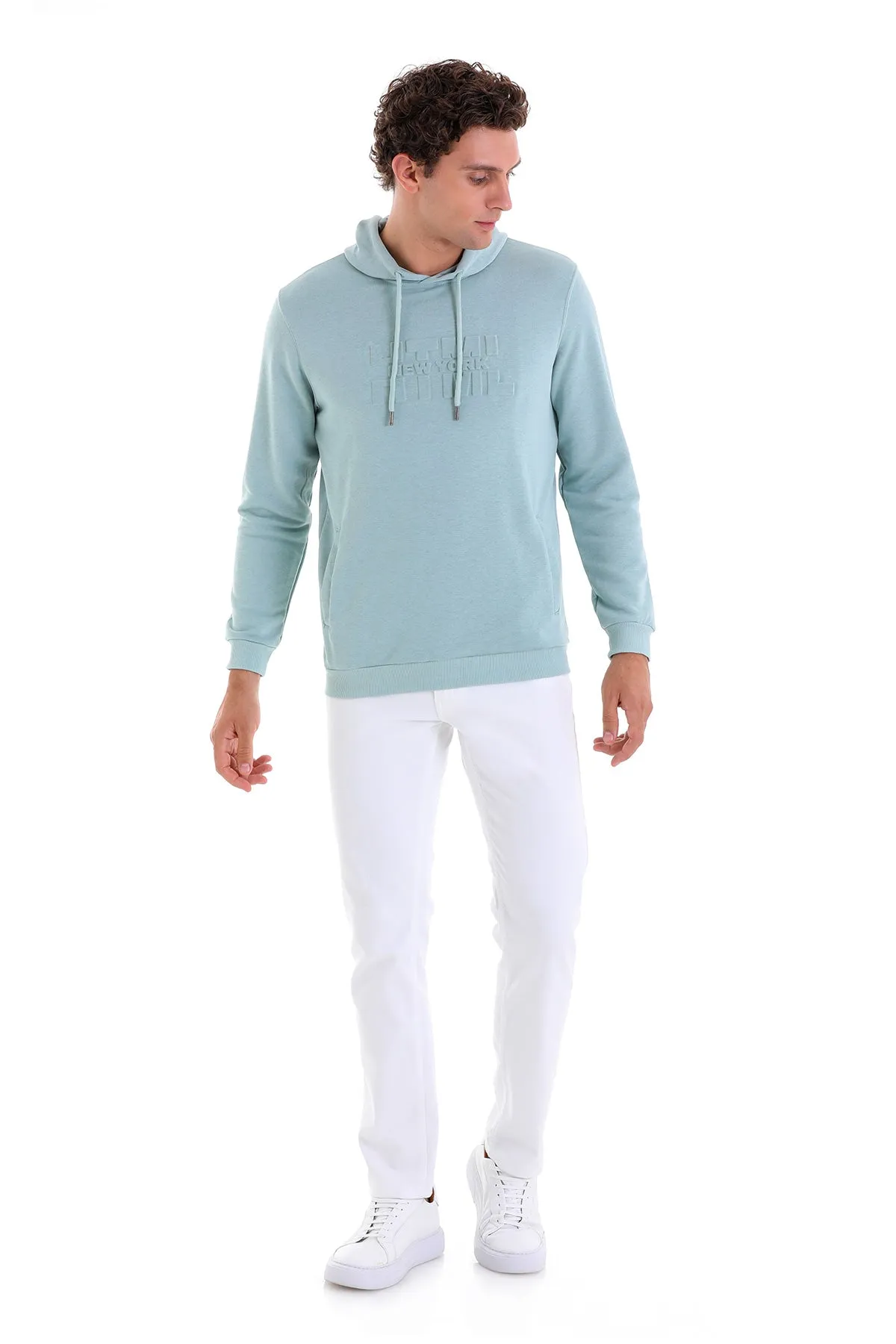 Regular Fit Cotton Blend Mint Hooded Sweatshirt