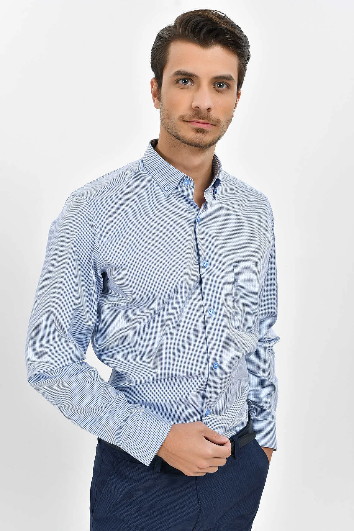 Regular Fit Long Sleeve Pin Check Cotton Blue Casual Shirt