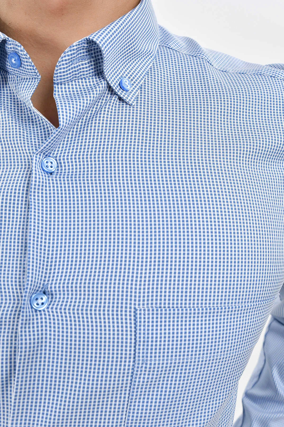 Regular Fit Long Sleeve Pin Check Cotton Blue Casual Shirt