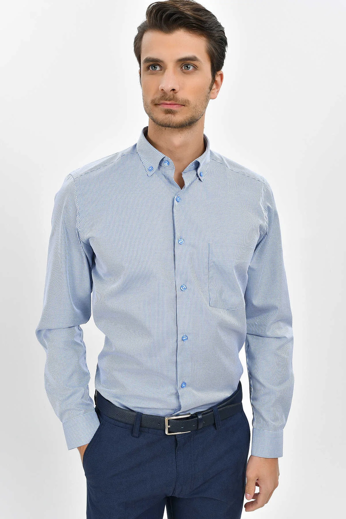 Regular Fit Long Sleeve Pin Check Cotton Blue Casual Shirt