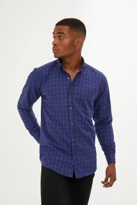 Regular Fit Long Sleeve Plaid Cotton Navy Casual Shirt