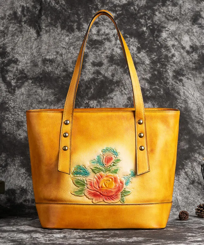 Retro Yellow Floral Paitings Calf Leather Satchel Handbag