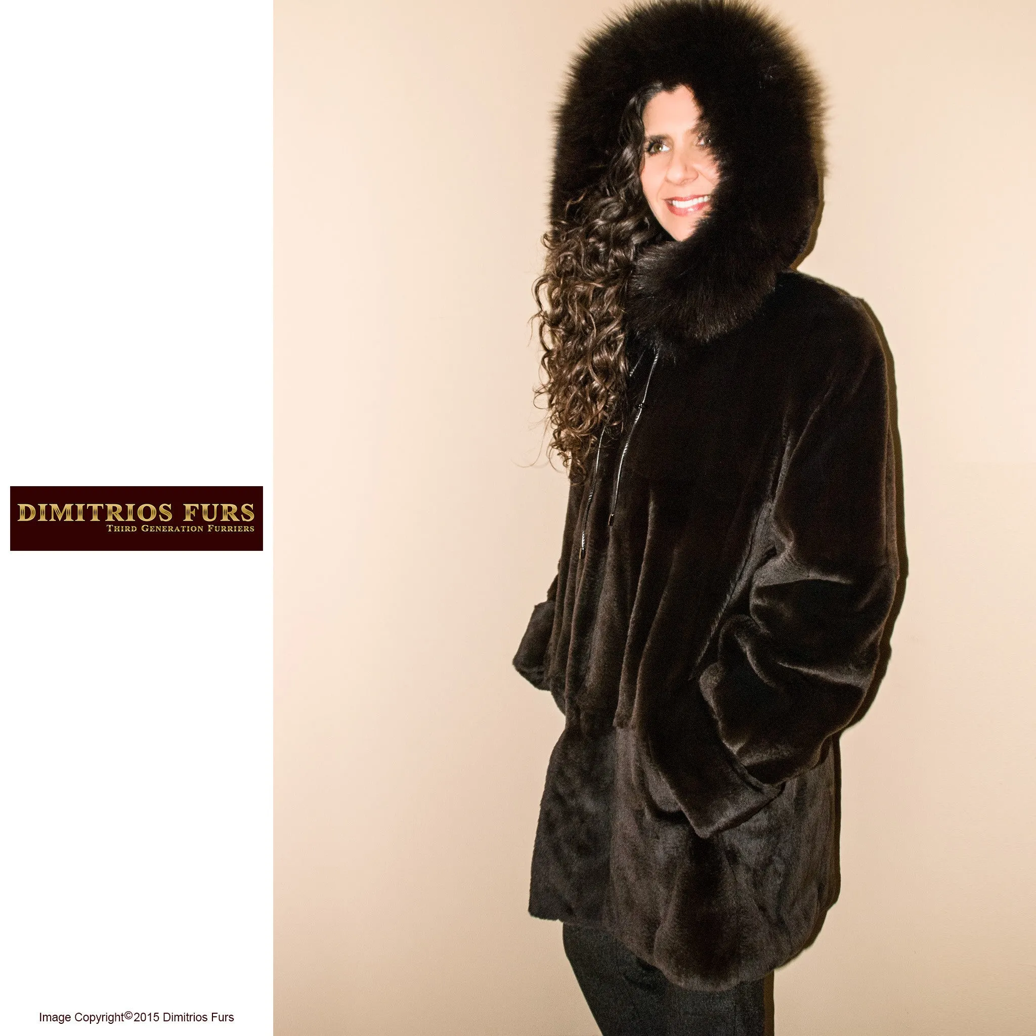 Reversible Fur Coat - Brown Sheared Mink with Fox Trimmed Hood