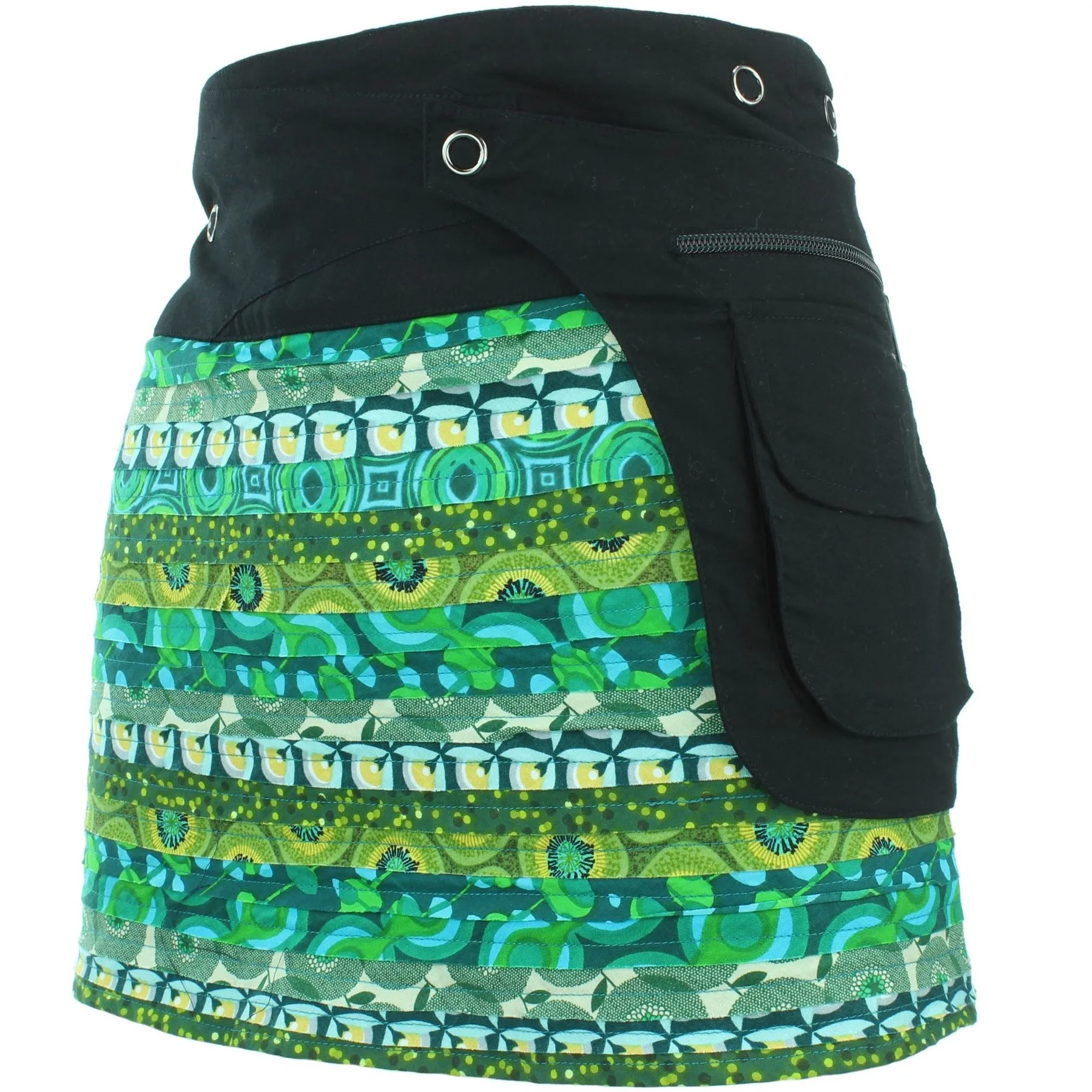 Reversible Popper Wrap Mini Skirt - Green Patch Strips / Floral Oyster