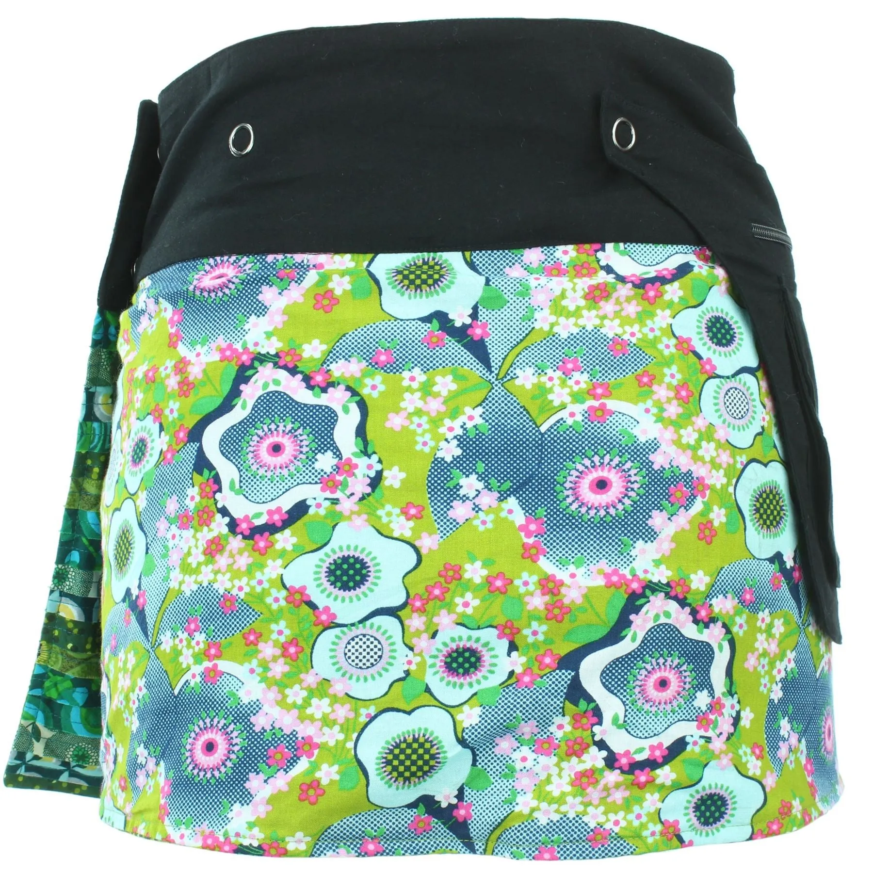 Reversible Popper Wrap Mini Skirt - Green Patch Strips / Floral Oyster