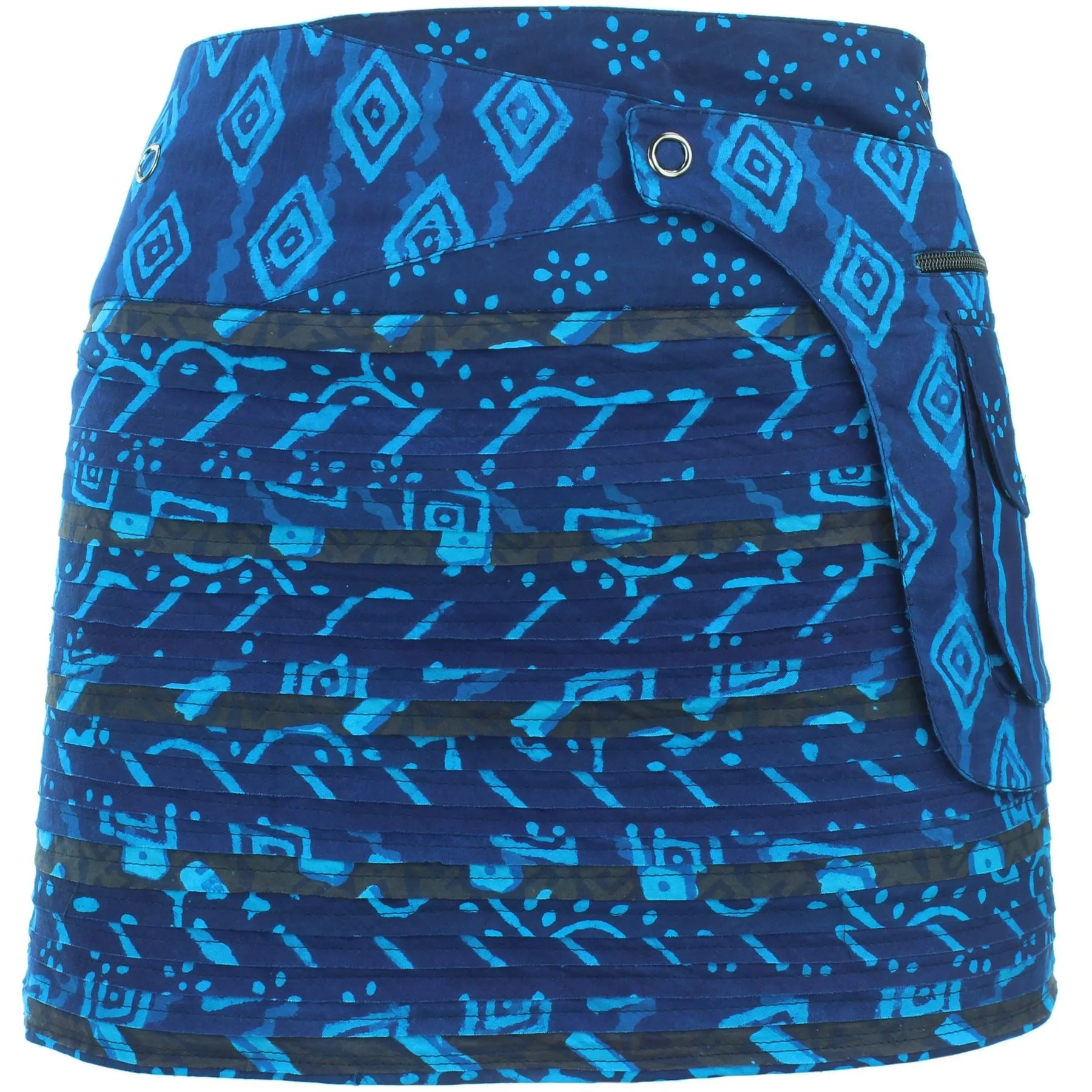 Reversible Popper Wrap Mini Skirt - Indigo Patch Strips / Indigo Stripe