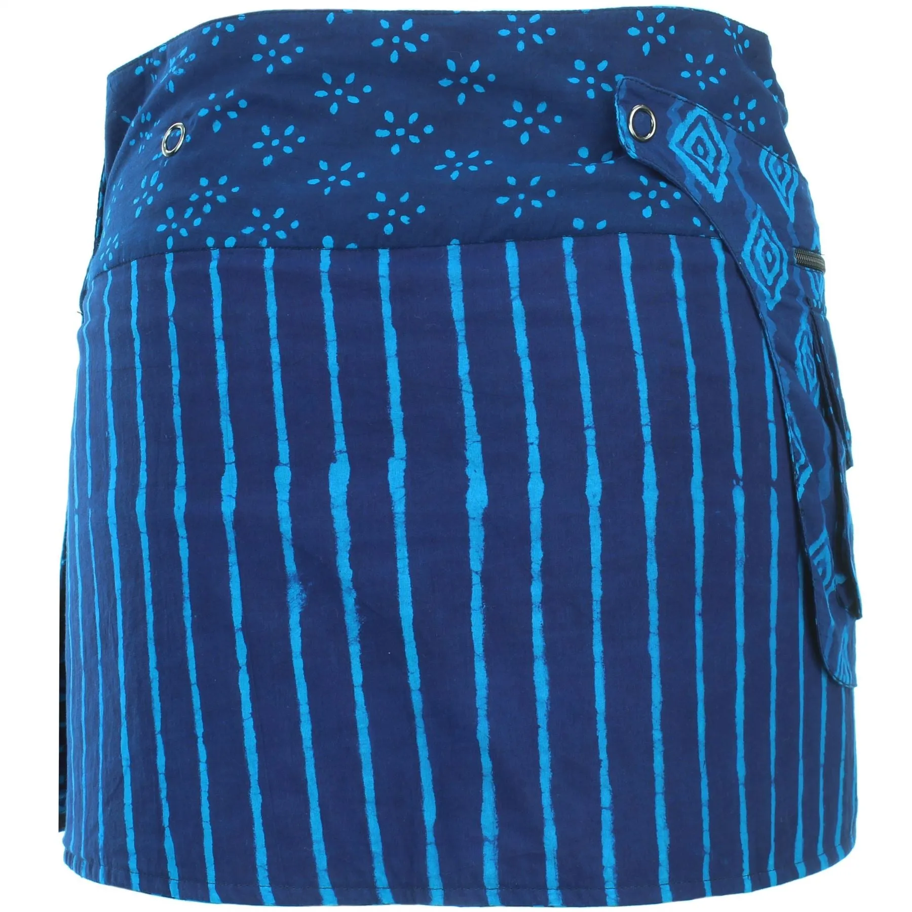 Reversible Popper Wrap Mini Skirt - Indigo Patch Strips / Indigo Stripe