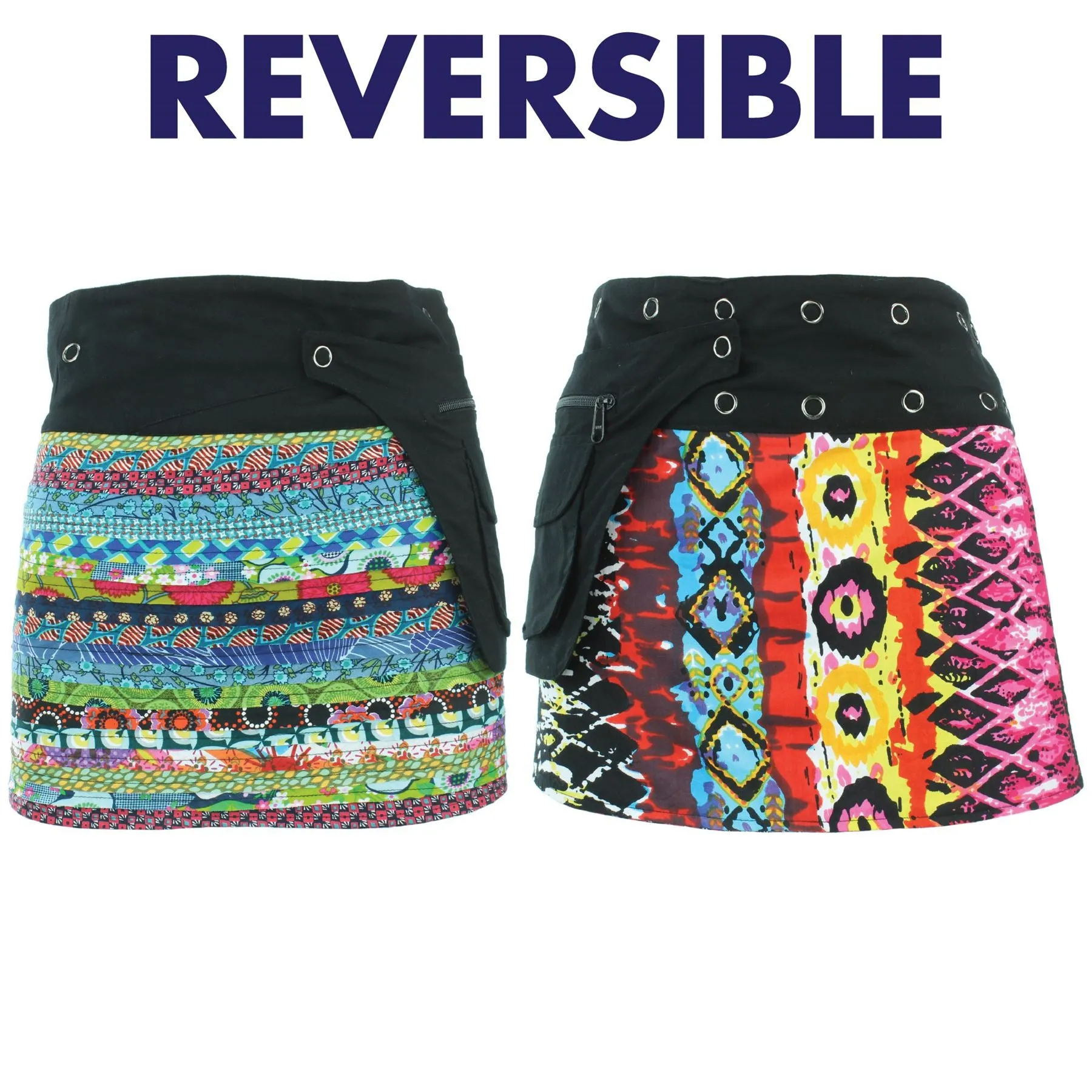 Reversible Popper Wrap Mini Skirt - Multi Patch Strips / Psychedelic Snakeskin